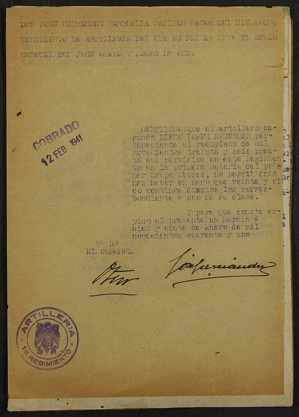Expediente nº 51/1940 de beneficiario del subsidio al combatiente de Diego López Meseguer